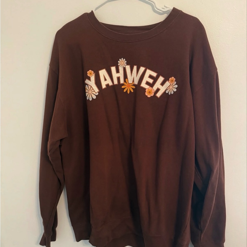 Brown Sweatshirt with Yahweh and Floral Design